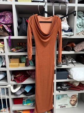 JLUXLABEL Rust Cowl Neck Long Sleeve Maxi Dress